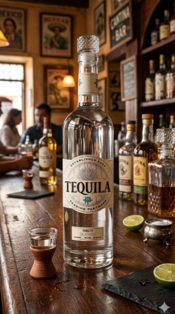 A Trading Partners blanco bottle on a cantina bar in Mexico